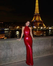 Load image into Gallery viewer, Pink Sequins Halter Neck Maxi Dress
