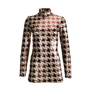 Beige & Red Sequins Houndstooth Mini Dress