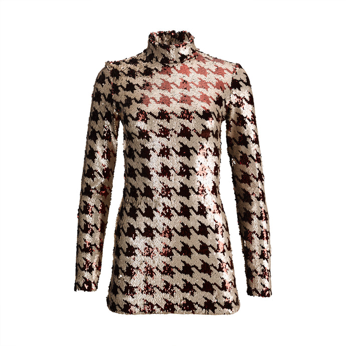 Beige & Red Sequins Houndstooth Mini Dress
