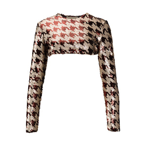 Beige & Red Sequins Houndstooth Cropped Top