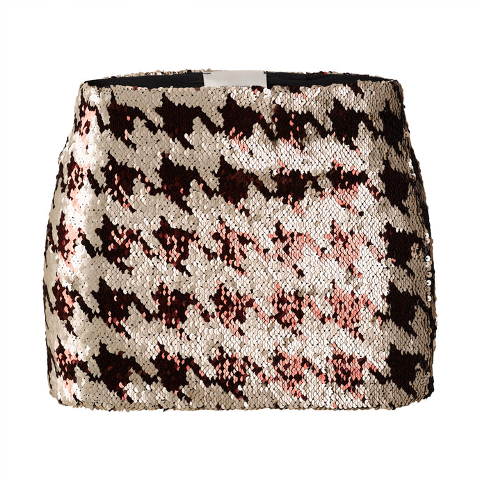 Beige & Red Sequins Houndstooth Mini Skirt
