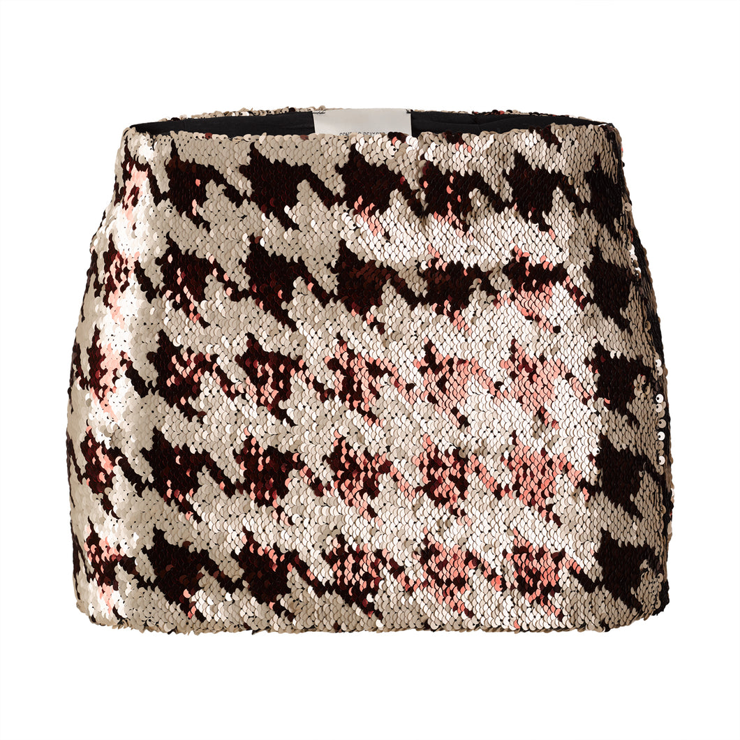 Beige & Red Sequins Houndstooth Mini Skirt