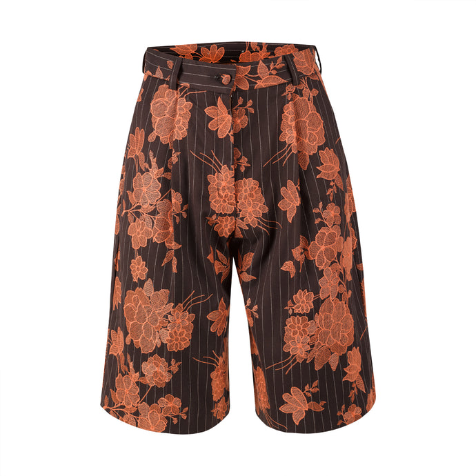 Orange & Brown Embroidered Bermuda Shorts