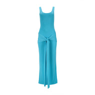 Blue Scoop Neck Drape Tie Front Maxi Dress