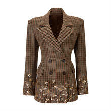 Load image into Gallery viewer, Brown Plaid Cinched-Waist Blazer with Sequin Embroidery
