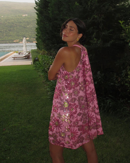 Pink Sequins High-Neck Mini Dress