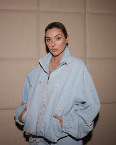 Denim Bomber Jacket W/ Pink Floral Appliqués