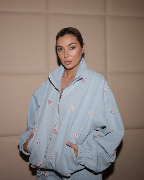 Denim Bomber Jacket W/ Pink Floral Appliqués