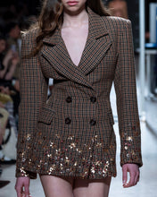 Load image into Gallery viewer, Brown Plaid Cinched-Waist Blazer with Sequin Embroidery