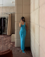 Load image into Gallery viewer, Blue Scoop Neck Drape Tie Front Maxi Dress