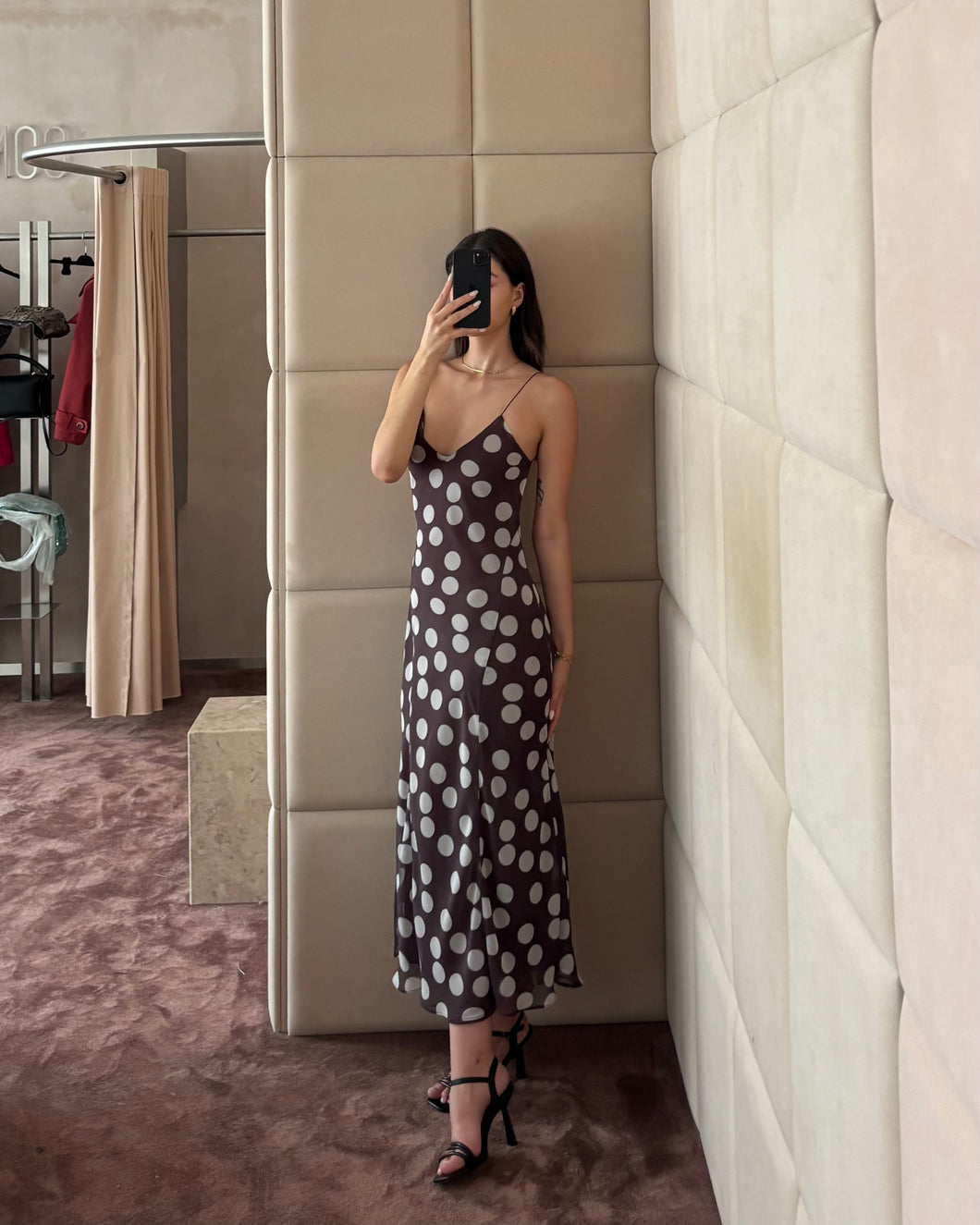 Brown Polka Dot Midi Dress