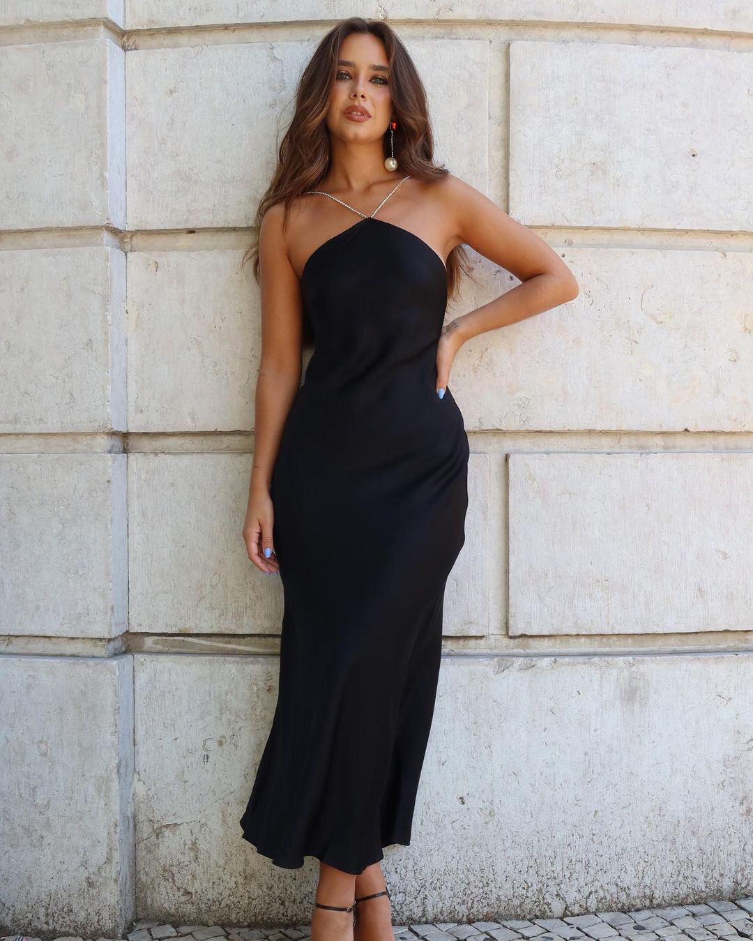 Black Midi Dress W/ Rhinestone Straps L
