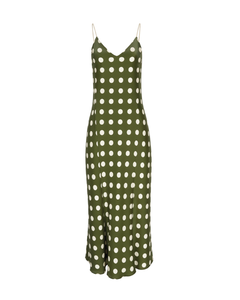 green emerald velvet dress KYRA Bias Cut Long Sleeve Maxi Dress in Olive Green Polka Dots – MONO BÍAS main image 1