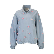 Load image into Gallery viewer, Denim Bomber Jacket W/ Pink Floral Appliqués