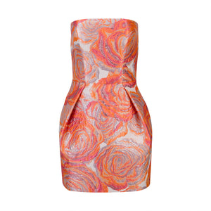 Pink and Orange Floral Jacquard Mini Dress