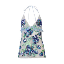 Load image into Gallery viewer, Blue Flowers Halter Top W/ Ruffle