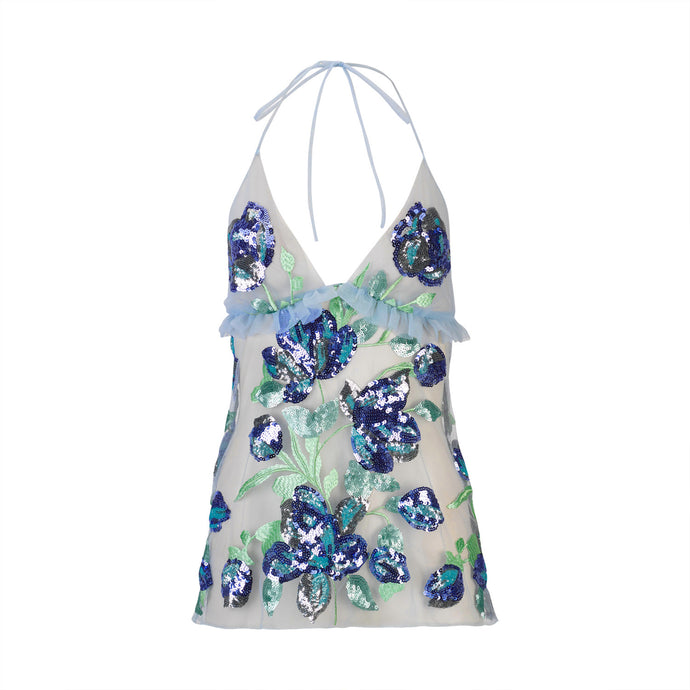 Blue Flowers Halter Top W/ Ruffle