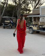 Red Silk Polka Dot Printed Maxi Dress
